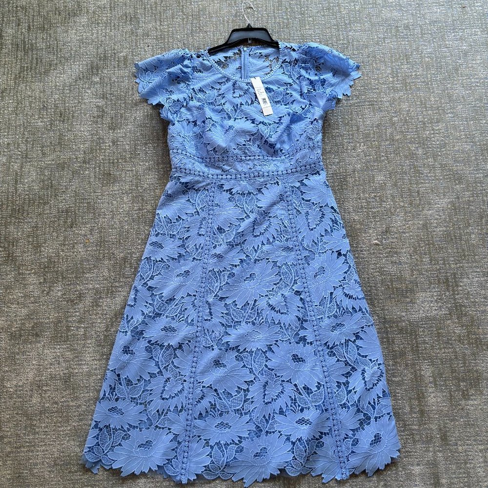 ML Monique Lhuillier Chiffon Lace Midi-Dress in Delphinium Blue Size
